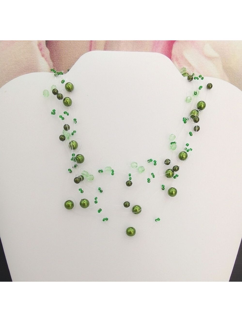 Forest Green Pearl Illusion Necklace and Earrings Set